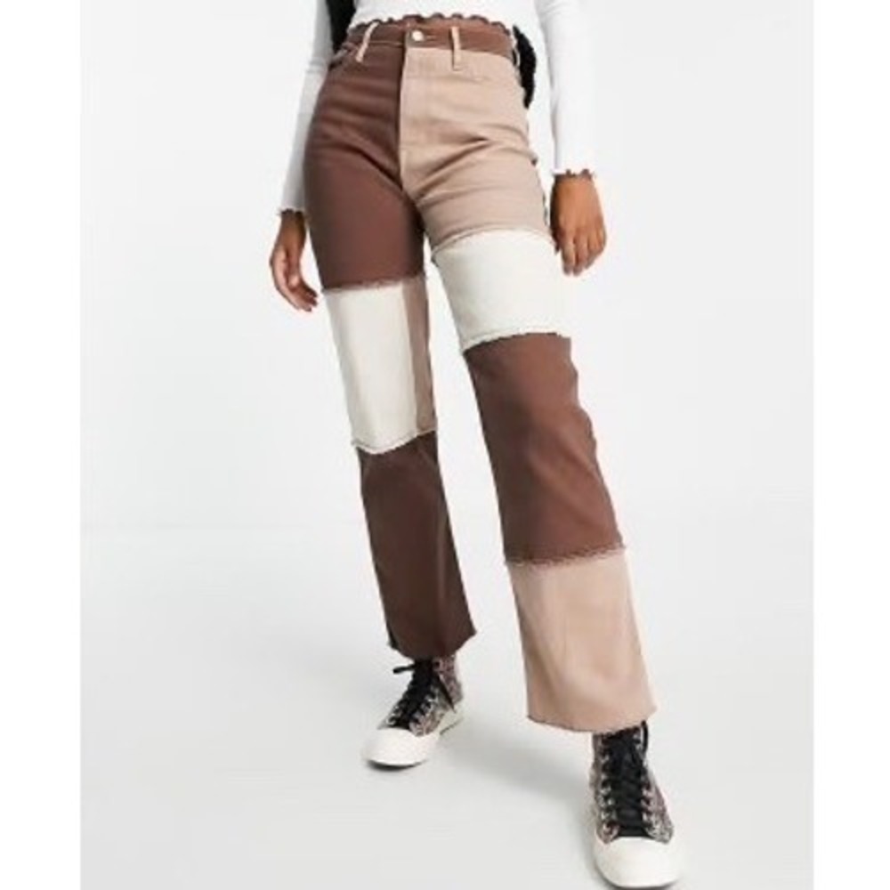 Hollister Ultra High-Rise Dad Jean Brown Patchwork Colorblock 3R W26 L31